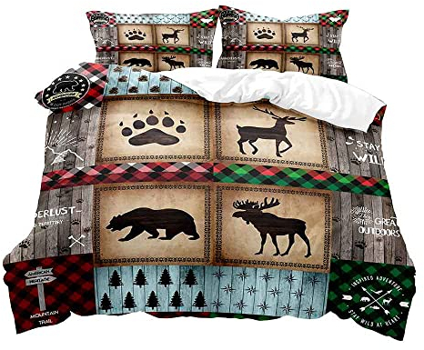 LUVIVIHOME 3-teiliges Bettwäsche-Set mit Bären, Elch, Elch, Hirsch, King-Size-Bett, rustikale Bettwäsche, Landhaus-Bettwäsche, Lodge, Steppdecke, Tagesdecke, grün-rot, kariert, Trösterbezug,