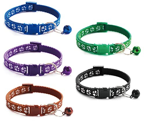 TSLRSA 5 Pcs Reflektierendes abtrennbares Katzenhalsband mit Glocke und Schnalle, weiches Nylon, verstellbar 20-30 cm, geeignet für Hauskatzen, kleine Hunde, (Schnellverschluss)