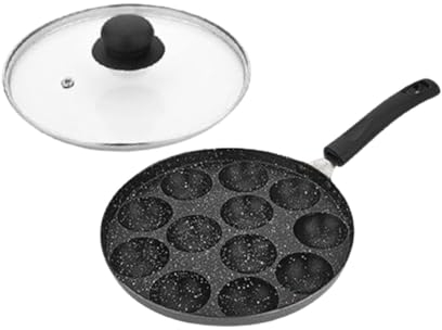 Satre Online and Marketing Black and Silver Non Stick Aluminium Long Handle 12 Pits Appam Pan with Transparent Glass Lid