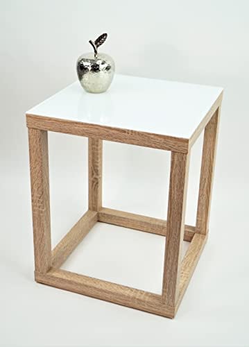 freeroom24, Beistelltisch, Wohnzimmertisch, Couchtisch, Coffee Table, Kaffeetisch, Blumenhocker, Blumensäule, Cube, Holzoptik Sonoma Eiche Nachbildung, Glas weiß, 30 x 30 x 30cm, Made in Germany
