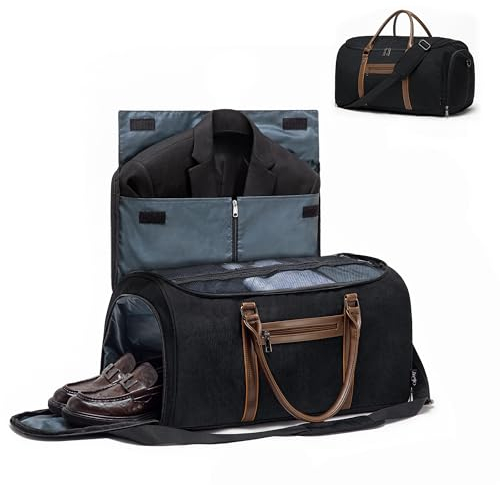Zingtto Wandelbarer Kleidersack für Reisen, Kleider-Seesack mit Organizer-Einsatz, Netztasche, Faltbare 2-in-1-Kleidertasche zum Aufhängen, robuste, große Wochenendtasche aus veganem Leder, Schwarz
