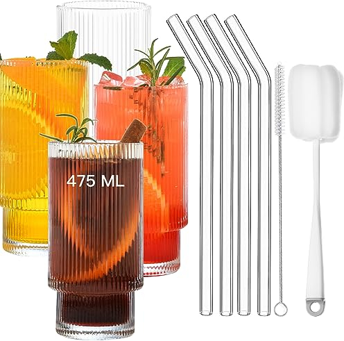 ALINK Cocktail Gläser 4er Set, Gerippte trinkgläser,Can Longdrinkglas, Wassergläser,Eiskaffee Gläser mit Strohhalm,Trinkglas in Dosenform für Familie, Camping, Party, Bar(16oz/475ml)