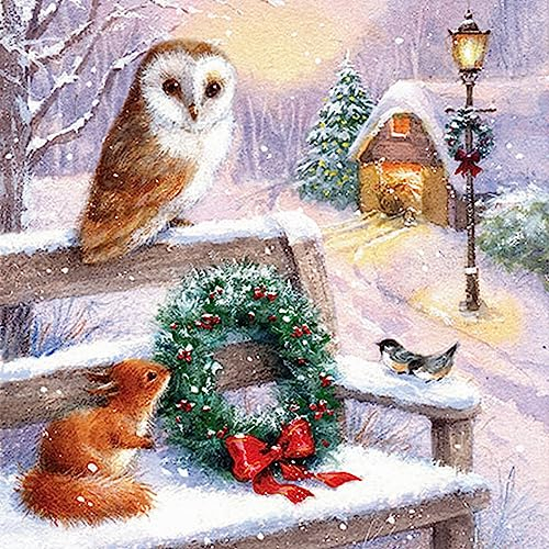20 Servietten Weihnachten Wintertiere treffen sich auf Waldbank als Tischdeko. Papierservietten mit Motiv. Auch für Decoupage und Serviettentechnik 33x33cm