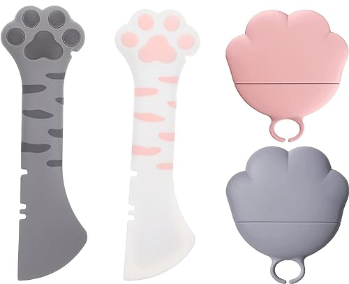 Ygapuzi 4Pcs Pet Food Can Supplies Set Universal Silicone Can Covers Cat Can Lids 2 in 1 Spatula Pet Can Opener Dog Claw Spoons for Pets Dogs Cats Feeding Wash Machine Apply (Blue Cat Pink & Grey)