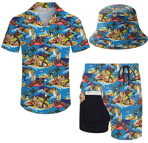 ZePinger Set mit Hemd und Short für Herren, mit Bob-Hut, 80er- und 90er-Jahre-Motiv, blau, L