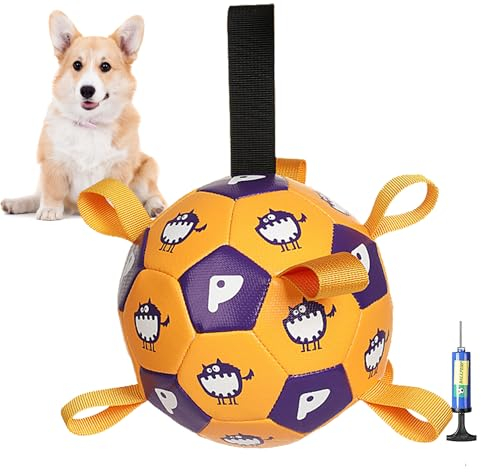 YUEMING Jouet pour Chien, Jouets de Football Interactifs pour Chiens avec Onglets et Pompe à Balle pour Les Jeux de Récupération et de Remorqueur, Balle de Jouet Durable pour Chien (Jaune, 15)