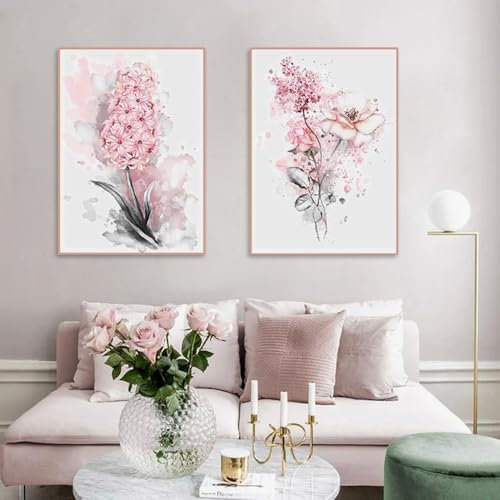 Générique 2 Affiche Fleurs Aquarelle Tableau Rose et Gris Decoration Murale Grand Poster Florale Deco Moderne Salon Maison Bureau Chambre Femme Cadeau 50X70 cm sans Cadre