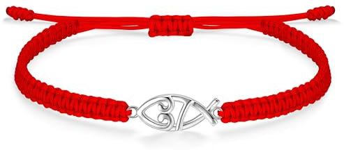J.Endéar Christian Fisch Armband Silber 925 für Damen, Handgemachtes Geflochtenes Seil Armband Rot für Mädchen, Kommunion Taufe Geschenk