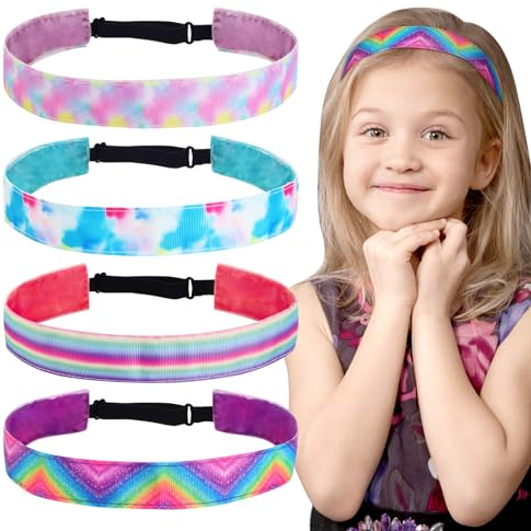 BETESSIN 4Stk. Stirnband Mädchen Bunt Haarband Farbe Kinder Sport Haarbänder Verstellbare Kopfband 2,5cm breit Haarreif Haarschmuck Kopfschmuck 43-68cm für Schule Sport Freizeit