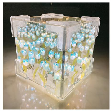 YiKAiLi Tulpen Nachtlicht, DIY Tulpenwürfel Spiegel Lampe, LED Blumen Tulpen Licht Schreibtischlampe mit Einstellbarer Helligkeit & USB-Aufladung für Tisch Schlafzimmer Heim Dekoration (Blau)