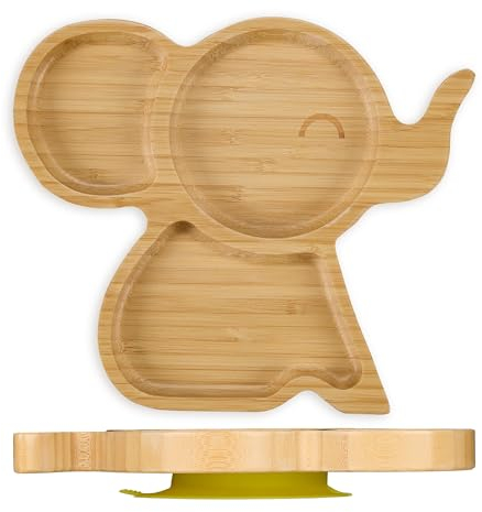 Relaxdays Baby Teller mit Saugnapf, Bambus, Elefant, rutschfest, BPA-frei, Beikost, unterteilter Kinderteller, natur