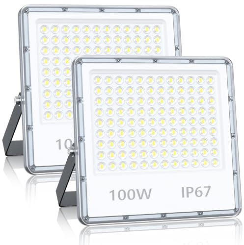 YIQIBRO Spot Projecteur LED Extérieur 100W 10000LM 2 Pièces, IP67 Étanche Lampe Halogene LED Exterieur, 7000K Blanc Froid Phare Exterieur Pour Patio, Jardin, Terrasse