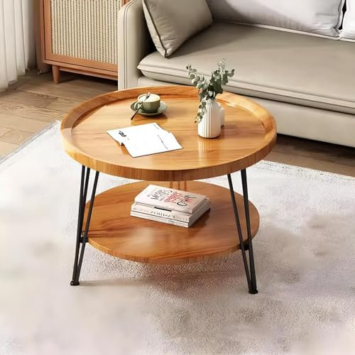 Eiauiuo Couchtisch Rund Holz klein Beistelltisch mit 2 Etagen Holzfarbe Sofatisch Couchtisch aus Holzscheibe und Metallständer Modern Minimalismus Wohnzimmertisch Schlafzimmertisch Nachttisch Ø50cm
