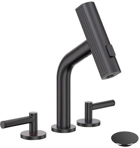 SEMANEY Grifos extraíbles de tocador de 8 pulgadas, 3 piezas de grifos de lavabo negro mate, dos asas de 8 pulgadas, grifo de fregadero de baño generalizado con drenaje desplegable y mangueras de