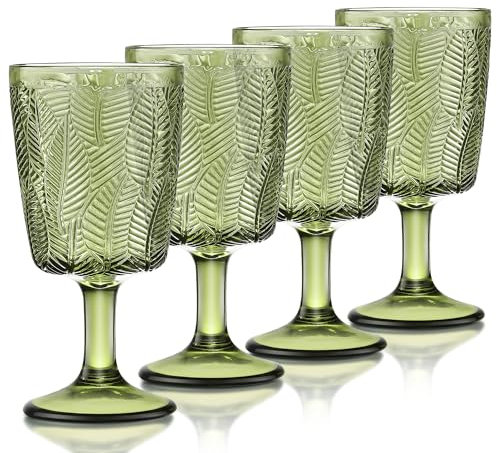 Joeyan 300ml Green Vintage Wine Glasses, Short Stemmed Embossed Leaves Designed Glass Goblets Drinking Cups, Thick Heavy Coloured Glassware Set of 4 for Home Kitchen Wedding Party Bar Dishwasher Safe