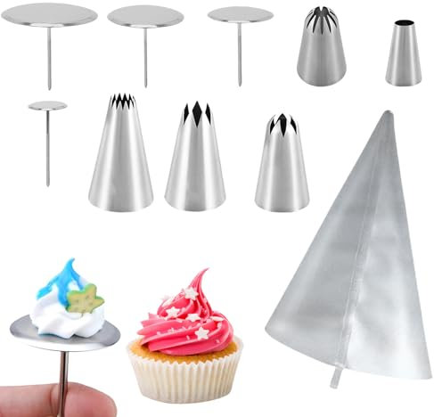 Lot de 5 douilles à douille en acier inoxydable, 4 clous en forme de fleur et 1 poche à douille pour gâteaux, fondants, cupcakes (argenté)