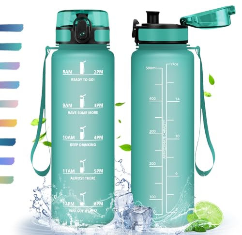 HoneyHolly Water Bottle, 500 ml, Sports Water Bottle with Time Marking, with Filter, Leak-proof Drinking Bottle, BPA-Free, Water Bottle for Sports, Fitness, Yoga, School, Office