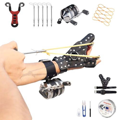 TIETHEKNOT Angelschleuder Edelstahl Recurve Fisch Schleuder Set mit Edelstahl-Angelrolle und Fischpfeil-Handschuhen