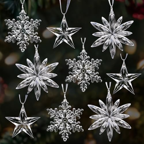 GEBETTER Decoración Árbol Navidad, 9Pcs Copos de Nieve Estrellas Adornos Colgantes Acrílicos Transparentes 3 Modelos, Decoración Navideña Fiesta Invierno Ventana Interior Exterior Guirnalda