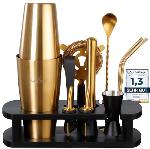 BARMINGO Boston Shaker Cocktail Kit | 11 Pièces, Volume de 825 ML, Noir - Or | Shaker Cocktail INOX avec Support et Accessoires de Bar | Set Barman Cocktail Shaker | Kit Cocktail Professionnel