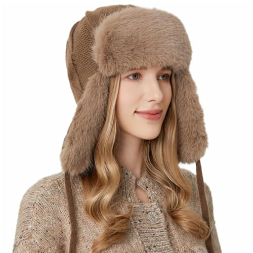 Lifup Damen Wintermütze Gestrickt Plüsch Fliegermütze, Trappermütze Kunstfell Winddicht Skimütze mit Ohrenklappen Braun