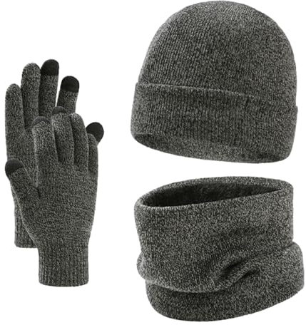 Bonnet Écharpe et Gants à Écran Tactile, Ensemble Chauds d'hiver 3en1, Doublure Molleton Doux Bonnet tricoté Chaud Cache-Cou Extensible Gants tactiles à 3 Doigts pour Homme Femme, Couleur Grise