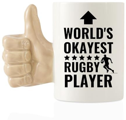 Onebttl Rugby Gifts, 13.5oz/400ml Novelty Coffee Mug with a Thumbs Up Handle, World's Okayest Rugby Player