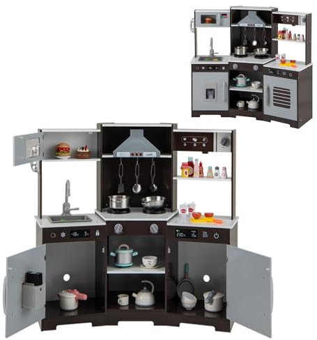 HOMASIS Set da Cucina per Bambini, Cucina Giocattolo con Suoni e Luci Simulate, Forno a Microonde, Macchina per il Caffè, Frigorifero, Cucinetta per Bambini dai 3 Anni in su (Marrone)