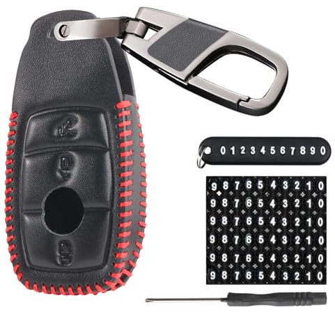 SRunDe Coque Clé de Voiture en Cuir avec Porte Clés 3 Boutons Tup Compatible avec Mercedes Benz A C E S G Classe W177 W205 W213 AMG CLA CLS GLK Coque de Protection Protège Clef de Voiture