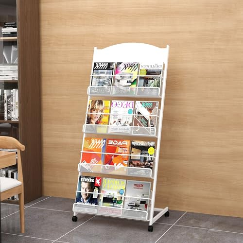 tonchean Floor Standing Magazine Display Rack 4 Tier with Wheels | 63x36x146cm, Metal Brochure Stand, Literature Display Stand, Newspaper Catalog Holder for Trade Show, Exhibitions
