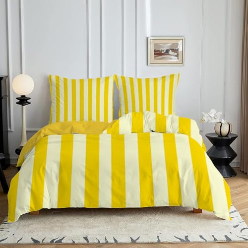 HYSNKSM Bettwäsche 135x200 Gelb Bettwäsche Sets 3Teilig Mikrofaser Bettbezug 135 x 200 und 2 Kissenbezug 80x80 cm Kuschelige Bettbezüge Weiß Gelbe Streifen mit Reißverschlus d47