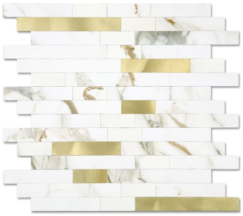 Yipscazo Peel and Stick Tile Backsplash, Stick on Tiles for Backsplash Kitchen, Bathroom, Laundry Room, Camper, Fireplace (12 X 12,10 Sheets in Calar White Gold)