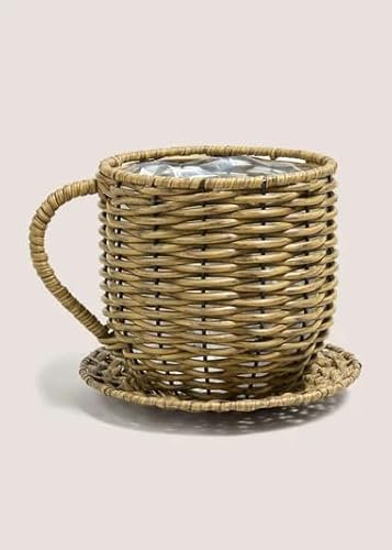 New Woven Tea Cup Planter – Unique Tea Cup Shaped Plant Pot with Rustic, Vintage Design, for Home and Garden, Perfect for Indoor or Outdoor Use T-1120