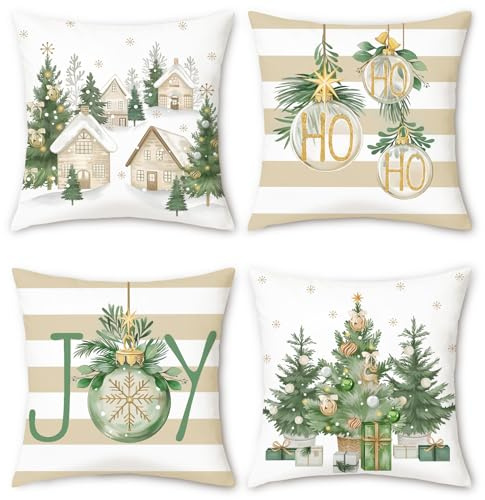 Bonhause 4er Set Kissenbezug Weihnachten Winter 45 x 45 cm Weihnachtsbaum Weihnachtsbälle Dekorative Kissenhülle für Sofa Schlafzimmer Zuhause Dekoration Weihnachten Kissenbezüge