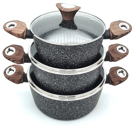 3-Piece Die Cast Aluminium Casserole Pot Set with Lids – Marble Coated, Induction Base – 20cm, 22cm, 24cm – Non-Stick Stock Pots with Wooden Handles – Earth Grey/Dark Grey