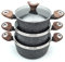 3-Piece Die Cast Aluminium Casserole Pot Set with Lids – Marble Coated, Induction Base – 20cm, 22cm, 24cm – Non-Stick Stock Pots with Wooden Handles – Earth Grey/Dark Grey