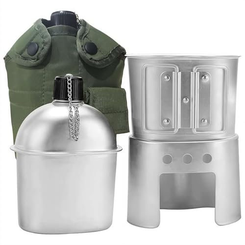 Set di 4 mense militari in stile militare, fatto a mano, include mensa, tazza, fornello e sacchetto, borraccia in alluminio con custodia, mensa da cucina per campeggio, escursionismo, zaino in spalla