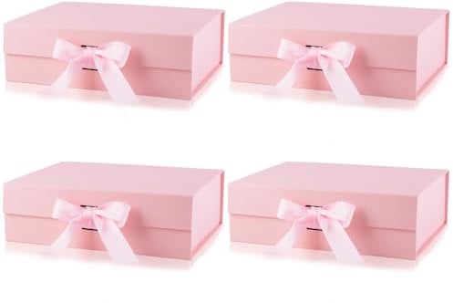 Magnetische Geschenkboxen mit Deckel, 26,2 x 19,1 x 8,1 cm, magnetisch, faltbar, Seidenband, Make-up-Kosmetikbox, wiederverwendbar, Rosa Geschenkboxen, perfekt für Brautjungfern, 4 Stück