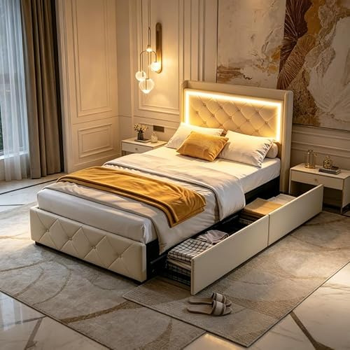 Polsterbett 90x200 cm, LED Einzelbett mit Staufach-Kopfteil und USB-Anschlüssen, Jugendbett 90x200 mit 2 Schubladen, Gästebett Funktionsbett Stauraumbett Bettgestell mit Lattenrost, Samt