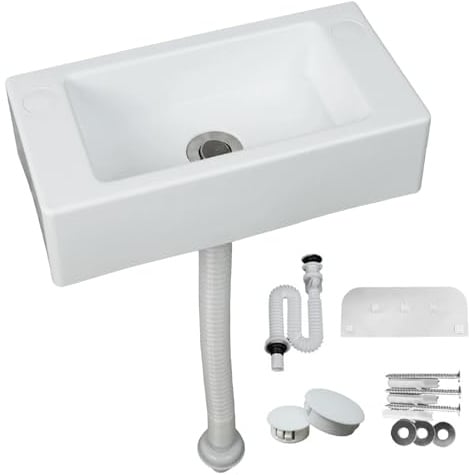 Lavabo in plastica, semplice lavello in plastica con tubo, tappo di scarico per giardino, garage, cantina, camper (bianco, 40 x 20 cm)