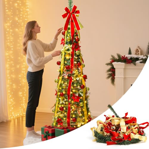 Aigostar Árbol de Navidad Plegable de con Luces LED 1.8 m: Luz Amarilla Cálida- 150 LED/ 8 Modos/Temporizador- Ip44 con Cable de 3 M para Decoraciones Navideña/Exhibición del Hogar