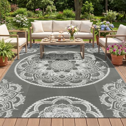 IMIYOKU Outdoor Teppich Wetterfest 245×305 cm, Wendbarer Balkon Teppich Boho Wasserfest Aussen Grau, Kunststoff Stroh Camping Teppich für Draußen Terassen Garten Picknick Wohnmobil