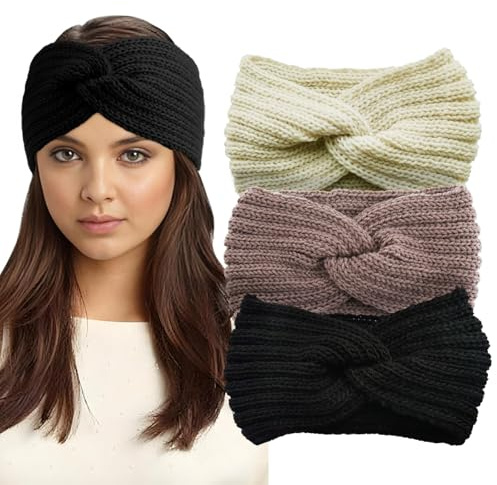 3 Pieces Winter Headbands for Women's Hair, Winter Knitted Headband, Chunky Knit Headbands, Soft Cable Ear Warmers Comfy Ear Muffs, Winters Versatile for Women Girls Headband