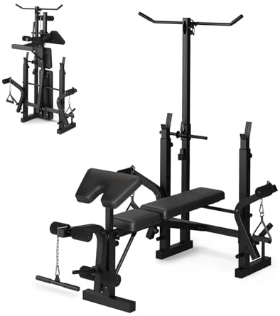 4-in-1 Multifunktions-Hantelbank für Zuhause – Faltbare Kraftstation mit Squat Rack, Beinpresse, Butterfly & Curlpult, Verstellbare Trainingsbank bis 900 lbs – Home Gym Schwarz