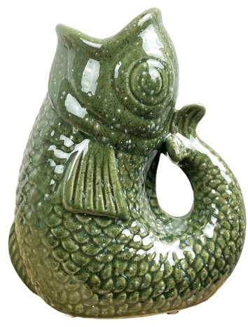 22cm Tall GREEN Ceramic Decorative Fish Shaped Jug Pitcher Ornament for Living Room Vase for Flowers Nautical Decor Bathroom