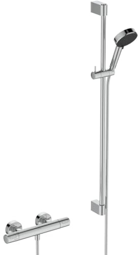 Ideal Standard Ceratherm T25 N Duscharmatur Paket, Wassersparende Eco Brause mit variablen Strahlarten, inklusive Thermostat mit Verbrühschutz und Duschstange (900 mm) – Chrom