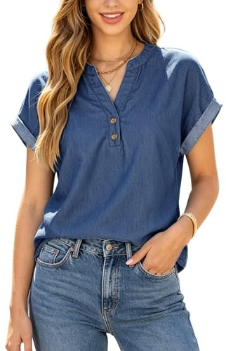 Fengbay Womens Short Sleeve Shirt Tops V Neck Rolled Cuff Denim Shirt Top | Soft Breathable Cotton Blend;Stylish V Neck Buttons;Relaxed Loose Fit;Versatile Summer Daily Tops