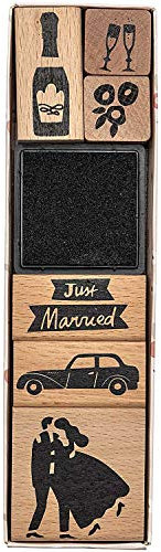Rico Design Paper Poetry Stempelset Just Married - Holzstempel mit Stempelkissen zum Basteln für Kinder - 6 Motive - Stempel aus Holz DIY