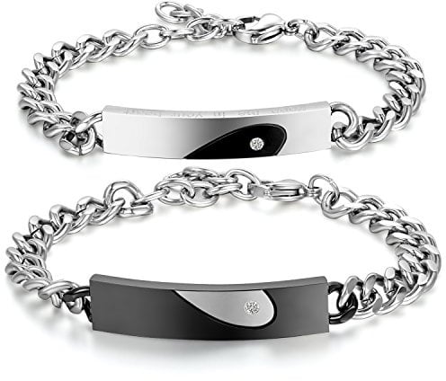 JewelryWe Schmuck Paar Love Herz Armband mit Gravur Edelstahl Bicolor Armbänder, schwarz Silber partnerarmband mit Zirkonia für Lieben Partner