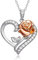 Disney Beauty and the Beast Pink Gold Over Sterling Silver Two Tone Enchanted Rose Cubic Zirconia Heart Necklace, 18